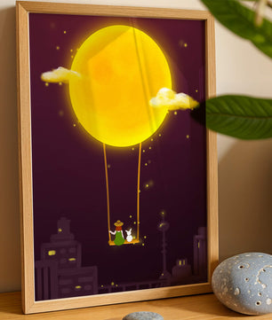 Whimsical night scene with a girl and a rabbit on a swing beneath a glowing moon