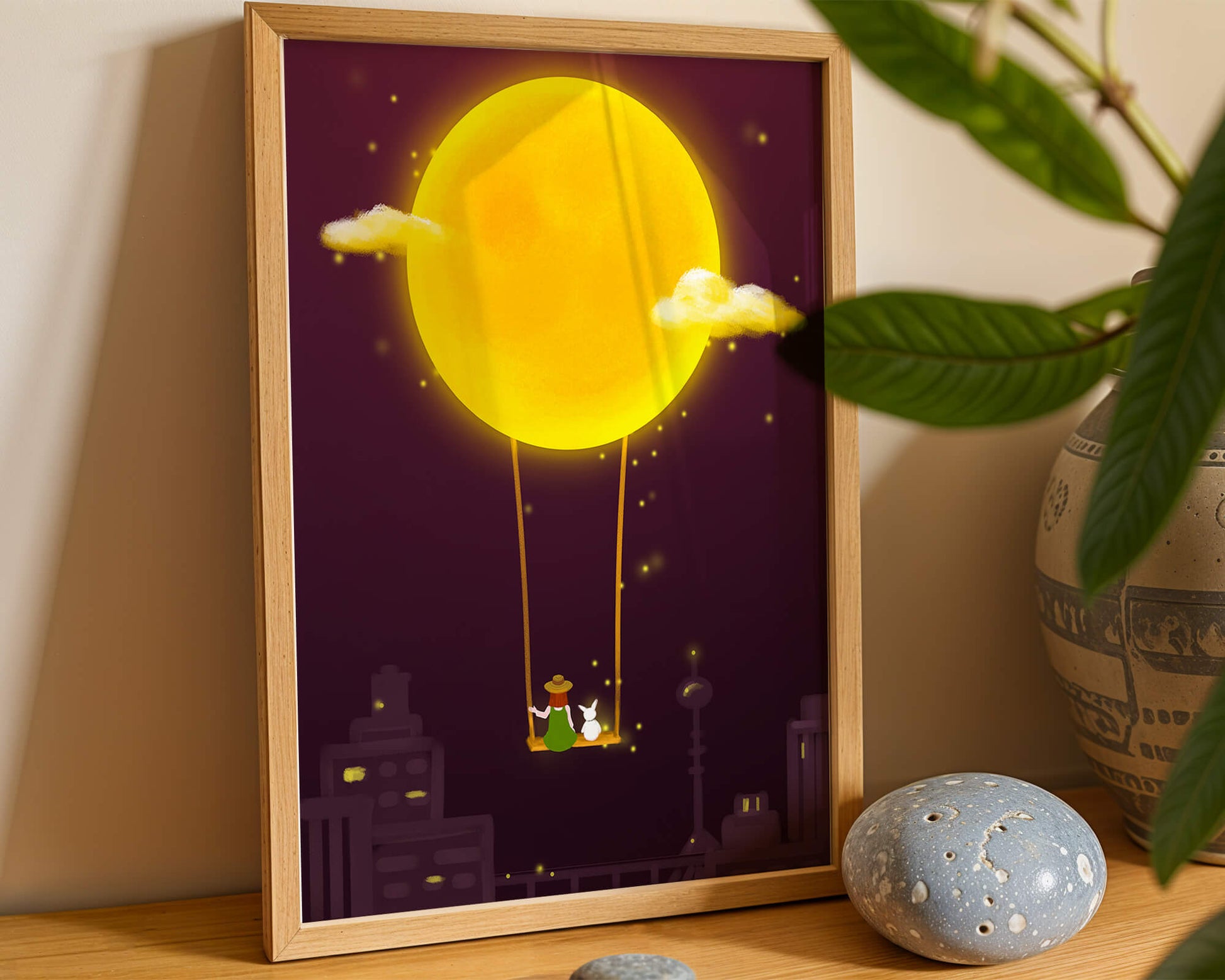 Whimsical night scene with a girl and a rabbit on a swing beneath a glowing moon