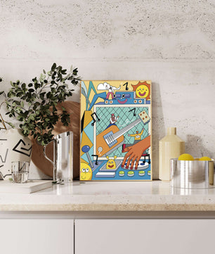 Colorful Cartoon Collage with Musical Elements and Smiling Faces