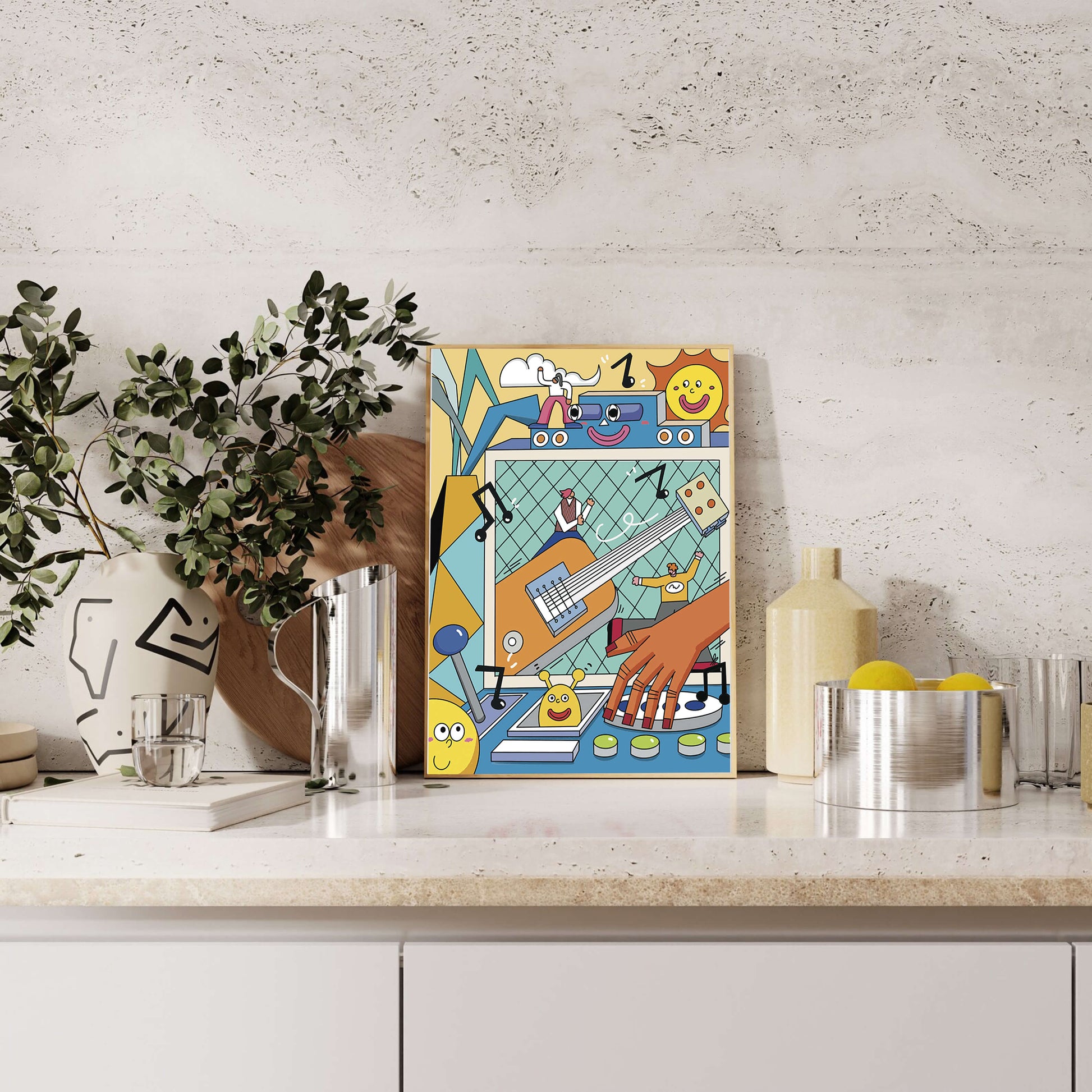 Colorful Cartoon Collage with Musical Elements and Smiling Faces