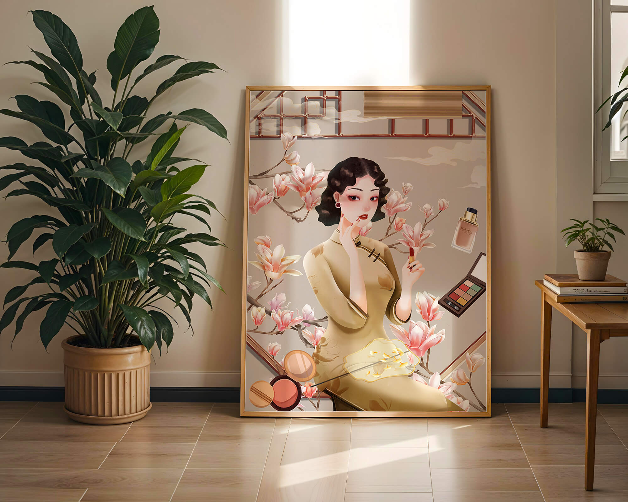 Elegant illustration of a woman with makeup and magnolia flowers