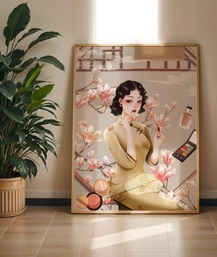 Elegant illustration of a woman with makeup and magnolia flowers
