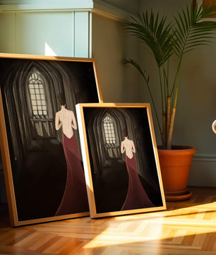 Elegant woman in a red dress inside a gothic hallway