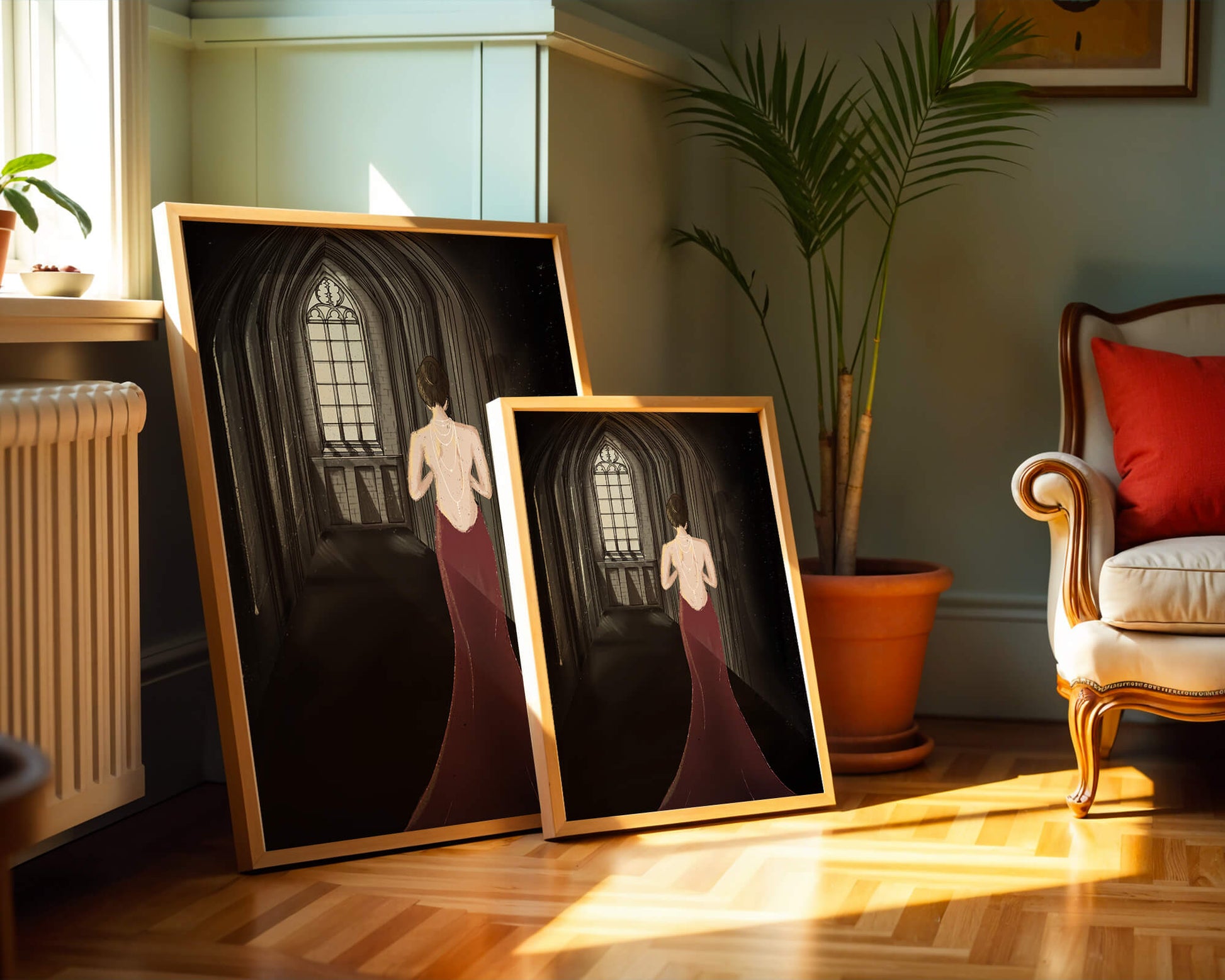 Elegant woman in a red dress inside a gothic hallway
