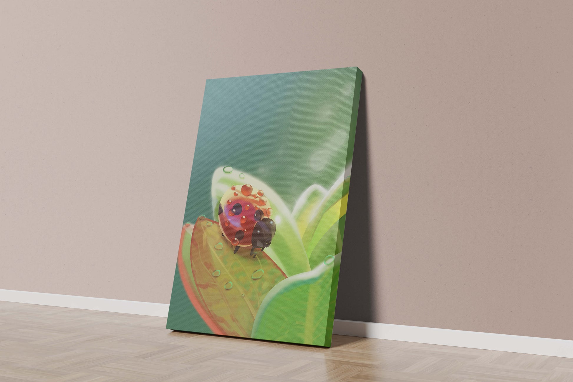 Ladybug on Leaf with Dew Drops in Serene Nature Setting