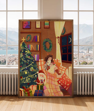 Cozy Christmas scene with tree, gifts, and a child by the window