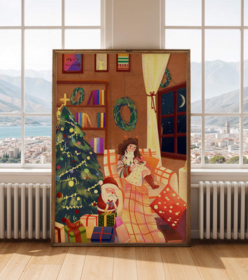 Cozy Christmas scene with tree, gifts, and a child by the window