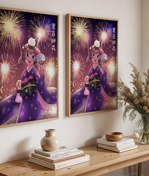 Girl in Yukata Celebrating Fireworks Festival with Cat and Fan