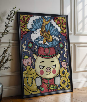 Colorful illustration featuring a whimsical pig and koi fish with decorative elements