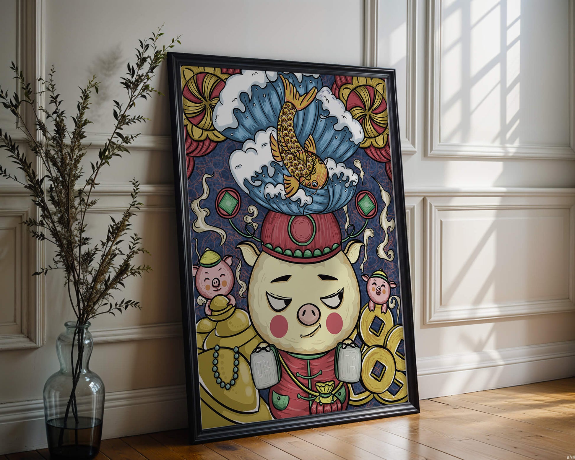 Colorful illustration featuring a whimsical pig and koi fish with decorative elements
