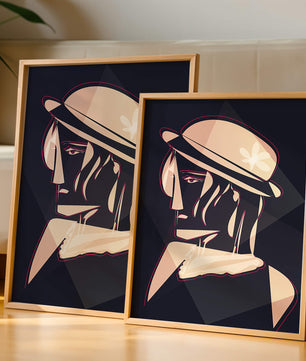 Stylized Portrait of a Woman in a Hat with Geometric Elements - Mi tienda