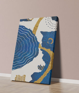 Abstract blue and gold textured artwork with wave patterns