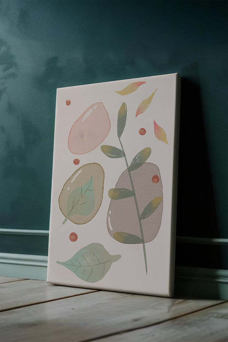 Abstract botanical illustration with pastel colored leaves and shapes