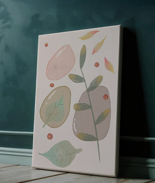 Abstract botanical illustration with pastel colored leaves and shapes