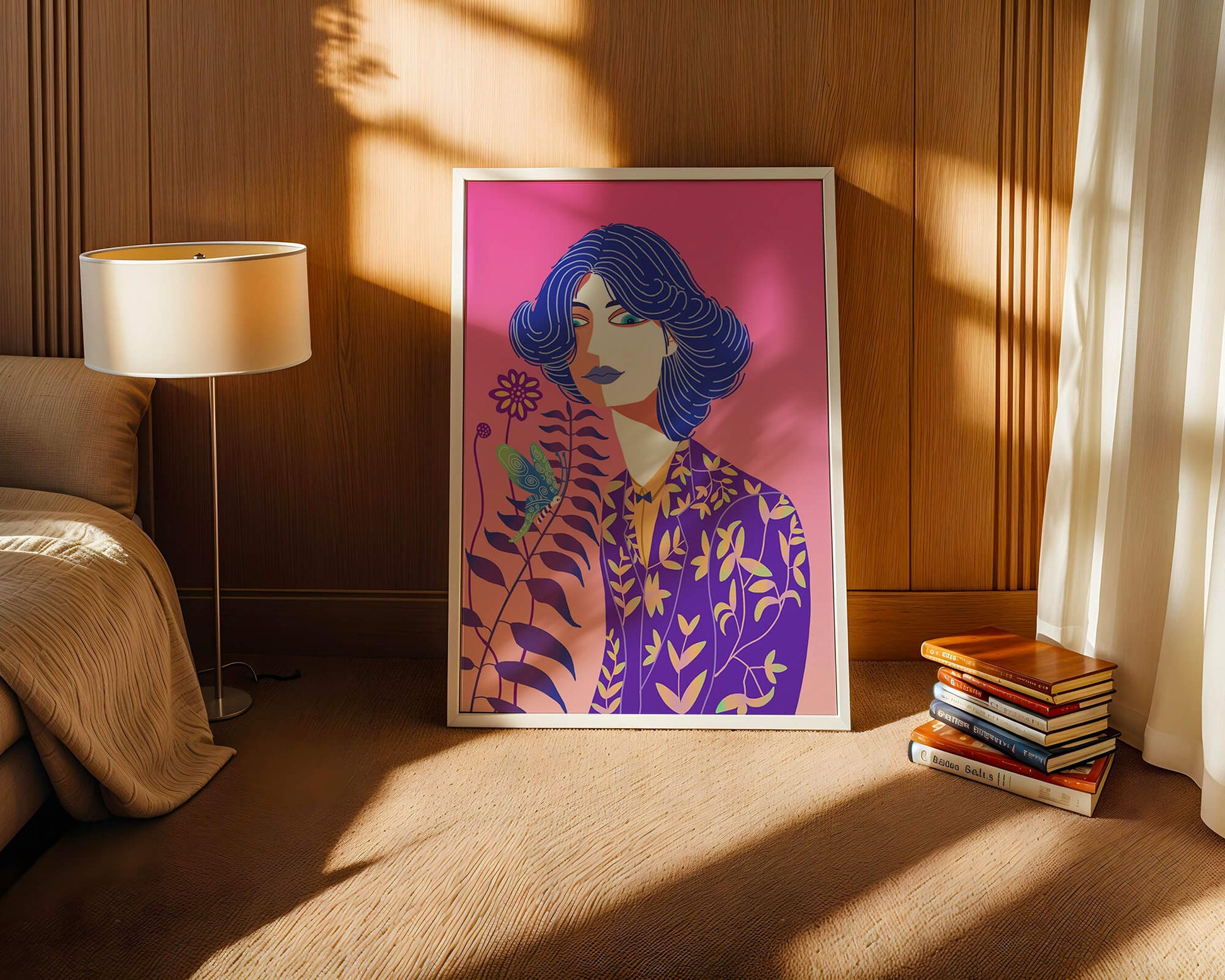 Stylized Portrait of a Woman with Blue Hair and Botanical Pattern
