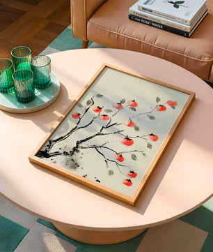 Elegant botanical illustration with vibrant red fruit on branches