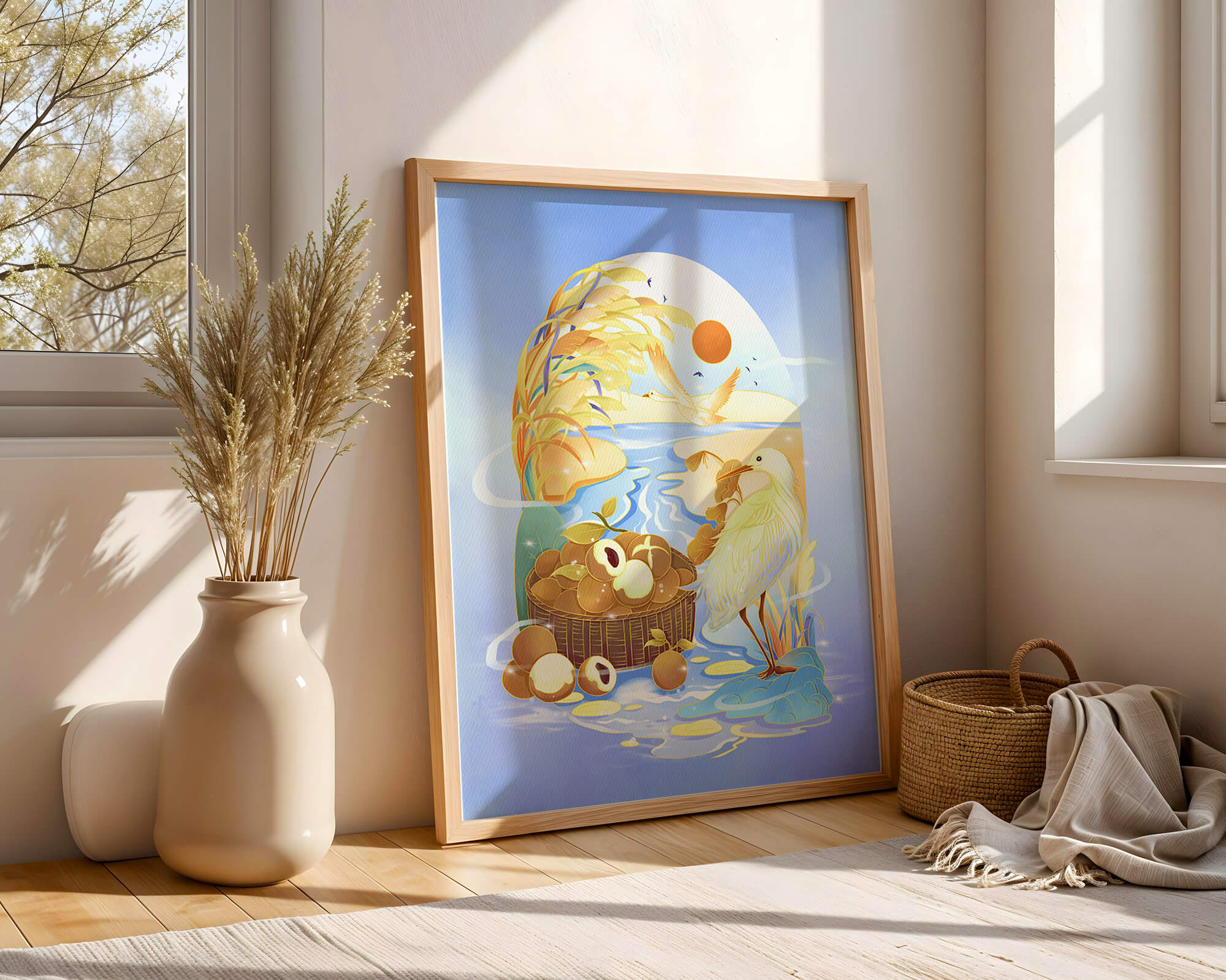 Serene landscape with a bird, fruit basket, and golden reeds under a bright sun