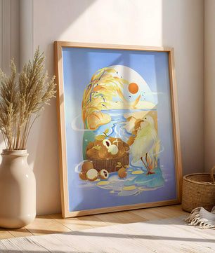 Serene landscape with a bird, fruit basket, and golden reeds under a bright sun