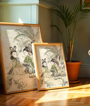 Arte asiático tradicional con dos personas y perros bajo un árbol