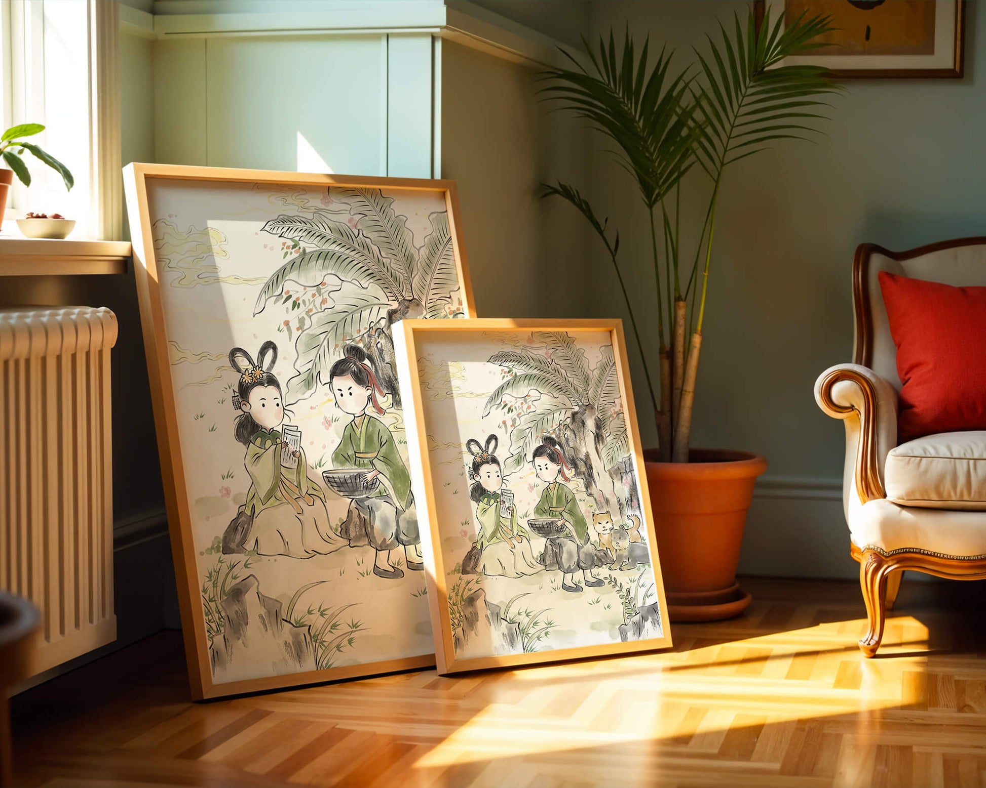 Arte asiático tradicional con dos personas y perros bajo un árbol