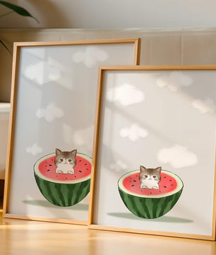 Whimsical art of a kitten in watermelon with clouds