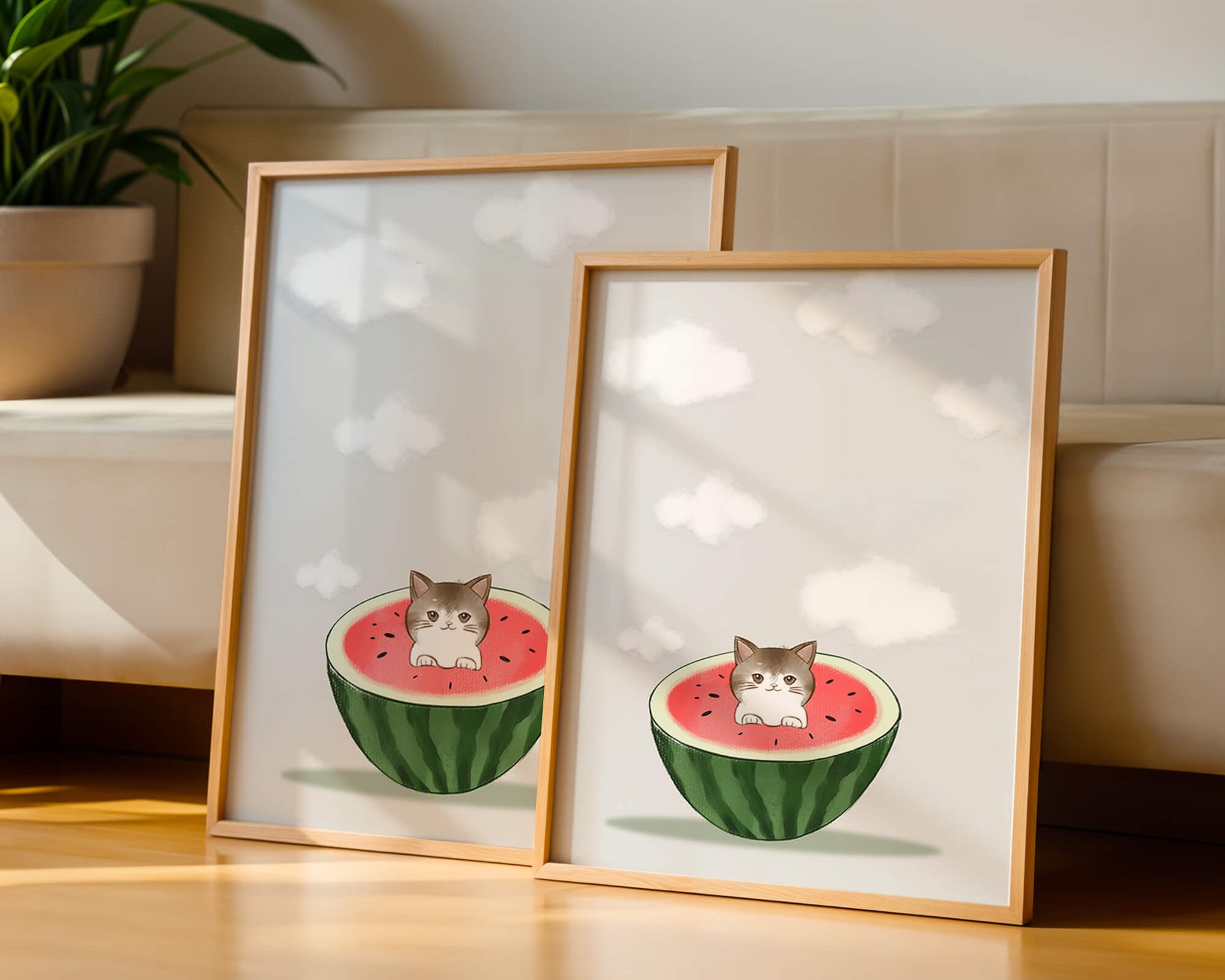 Whimsical art of a kitten in watermelon with clouds