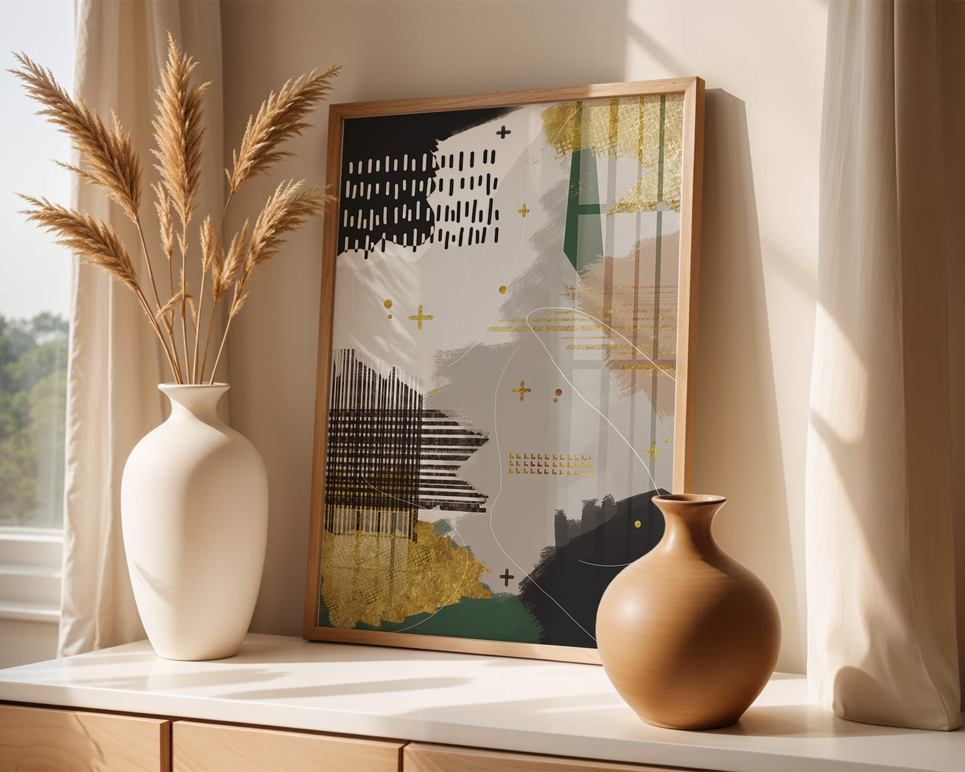 Abstract mixed media art with gold and geometric patterns