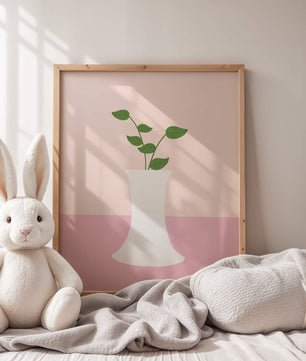 Simple Minimalist Illustration of a White Vase with Green Leaves on a Pink Background - Mi tienda