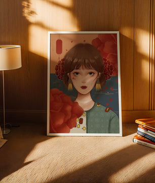 Digital art of a girl with floral and lantern elements