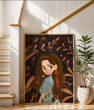 Ilustración elegante de una chica rodeada de follaje abstracto