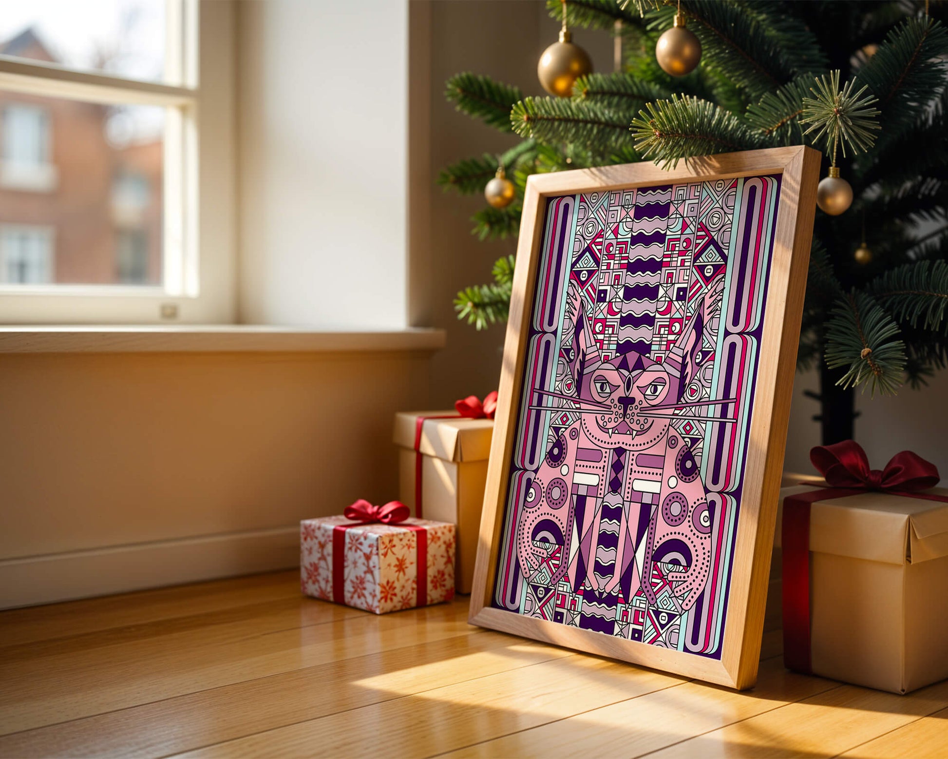 Geometric Art Deco Cat with Intricate Patterns