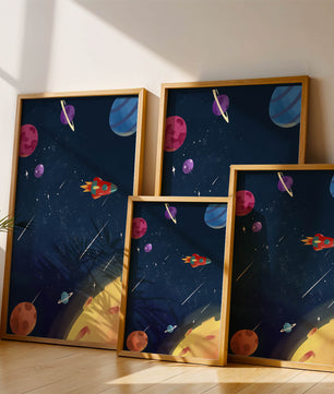 Farbenfrohes Weltraumabenteuer mit Planeten und Raketenillustration