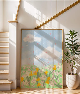 Paysage printanier avec nuages et fleurs