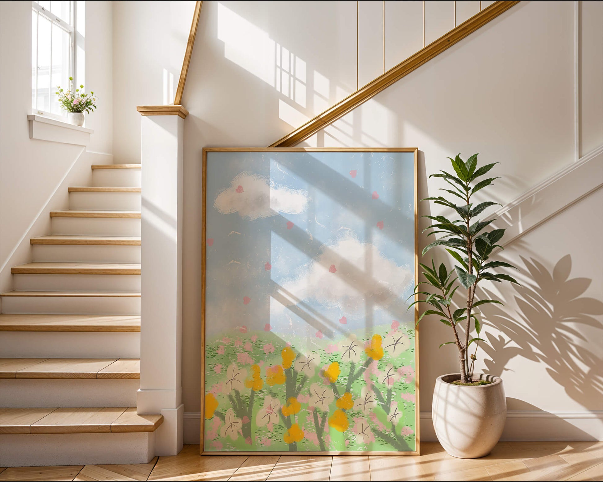 Paysage printanier avec nuages et fleurs