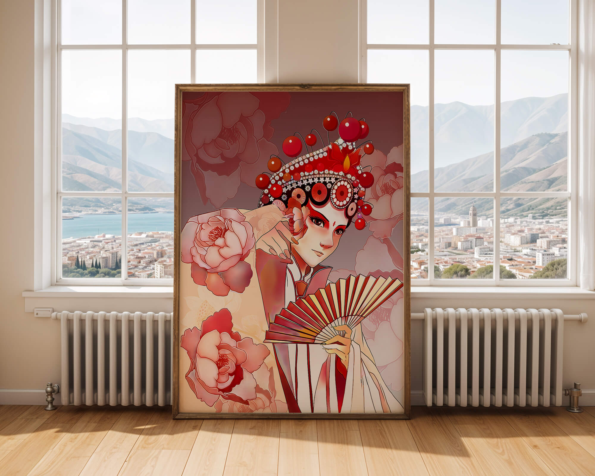 Traditional Asian artwork with floral motifs and ornate headpiece