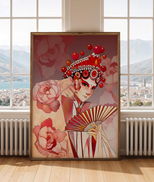 Traditional Asian artwork with floral motifs and ornate headpiece