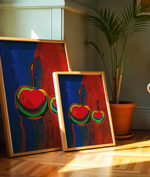 Pintura abstracta de cerezas con colores vibrantes