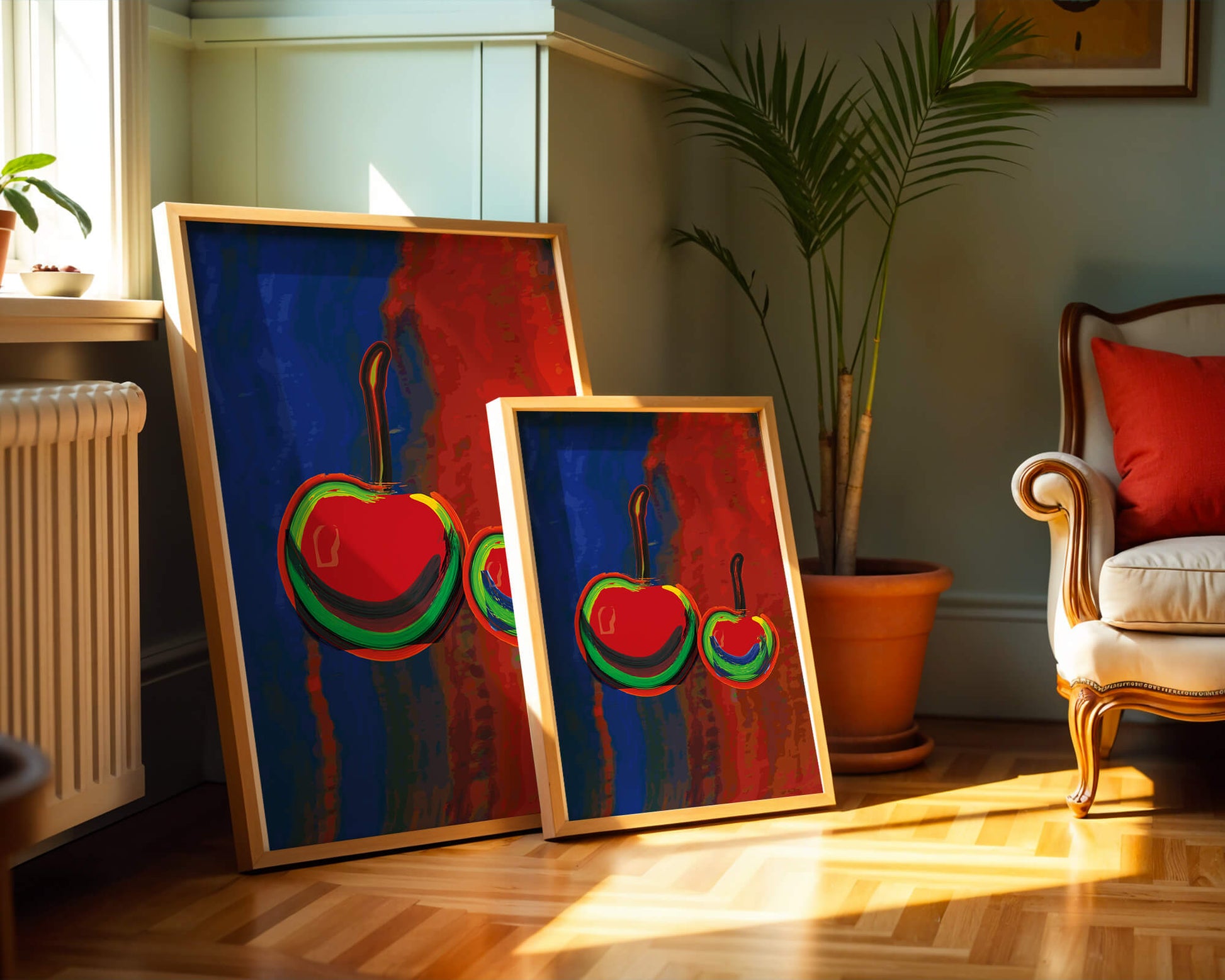 Pintura abstracta de cerezas con colores vibrantes.
