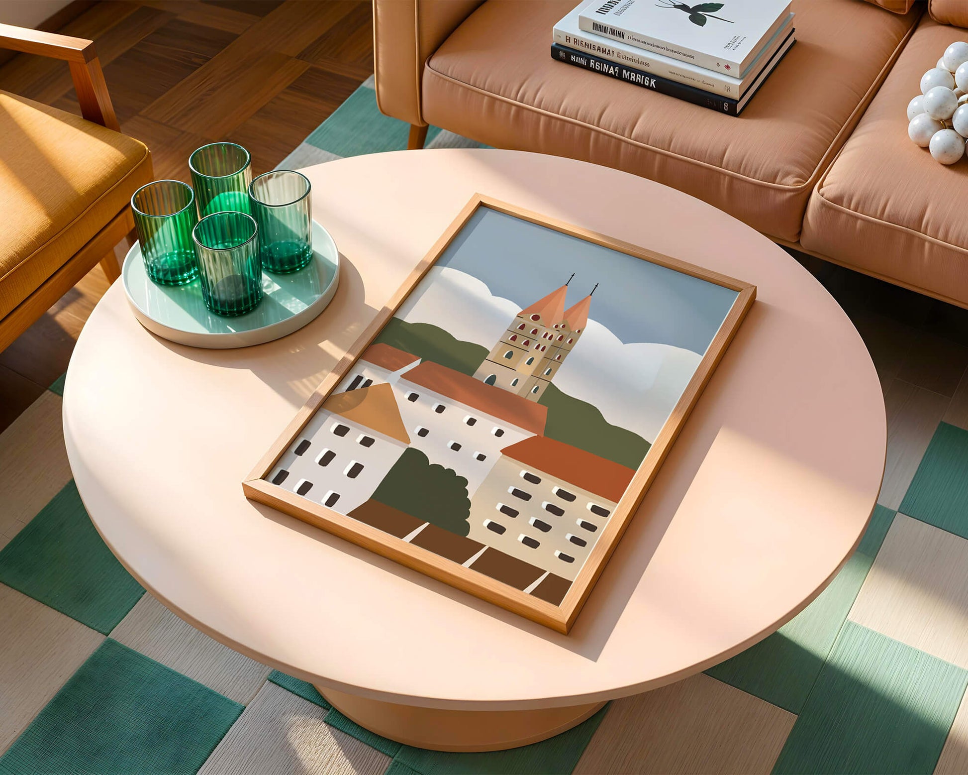 Charming European Cityscape with Church Towers and Colorful Buildings