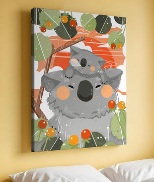 Koalas dans un cadre naturel vibrant aux tons orange et verts