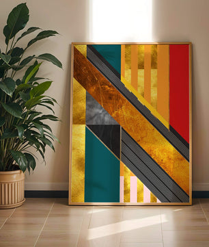 Abstract geometric design with gold accents and vibrant colors