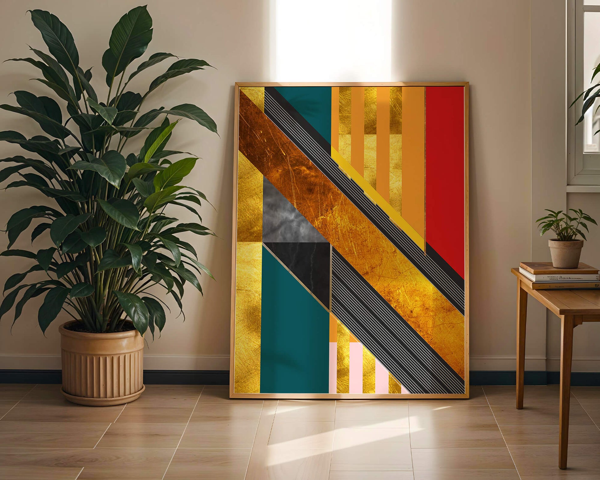 Abstract geometric design with gold accents and vibrant colors
