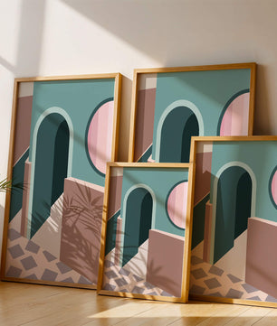 Abstract architectural scene with geometrical shapes