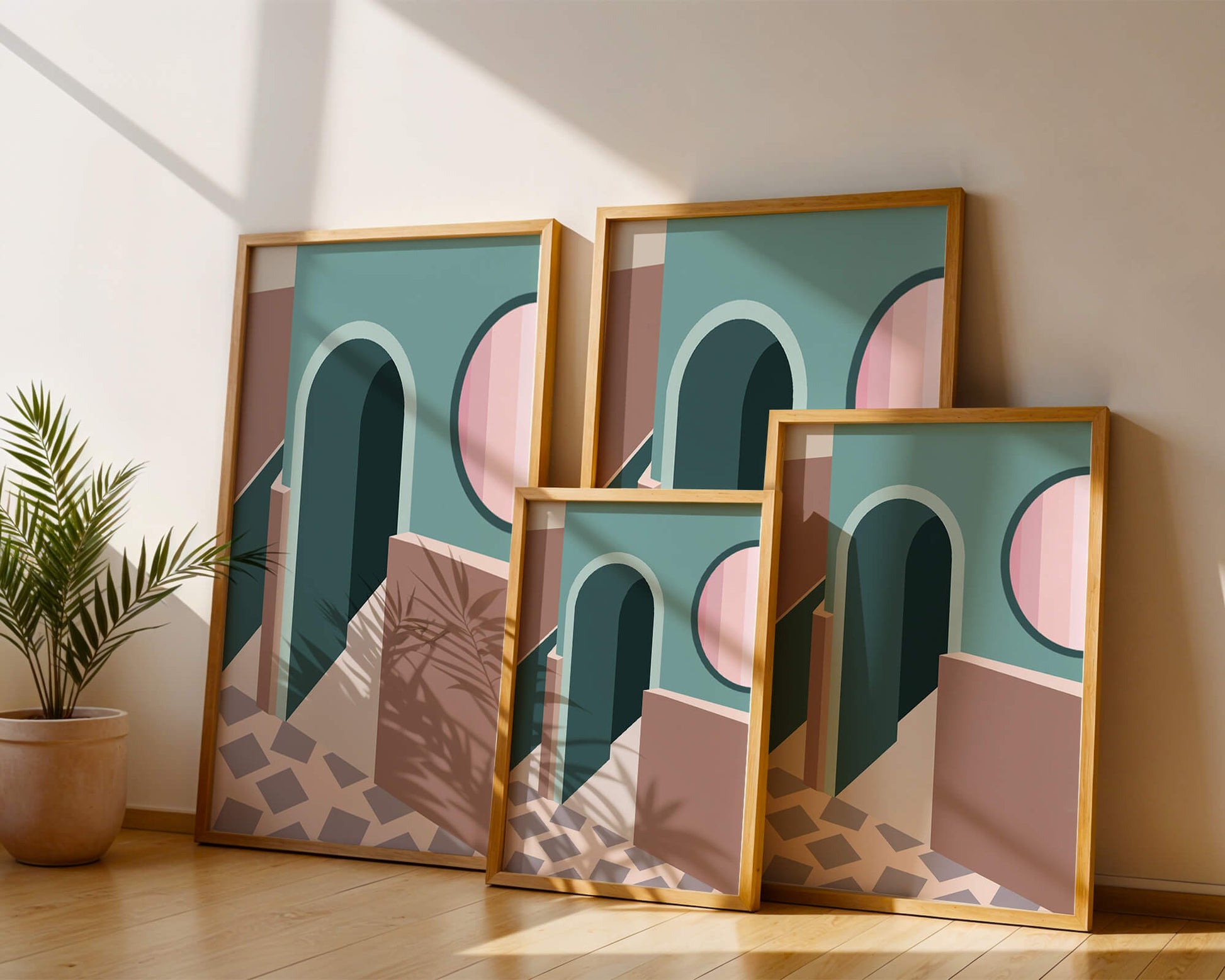 Abstract architectural scene with geometrical shapes