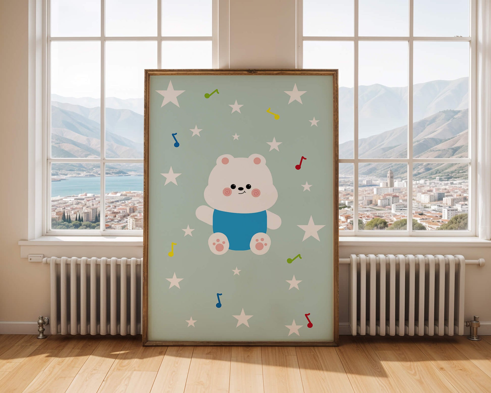Playful bear illustration with musical notes and stars