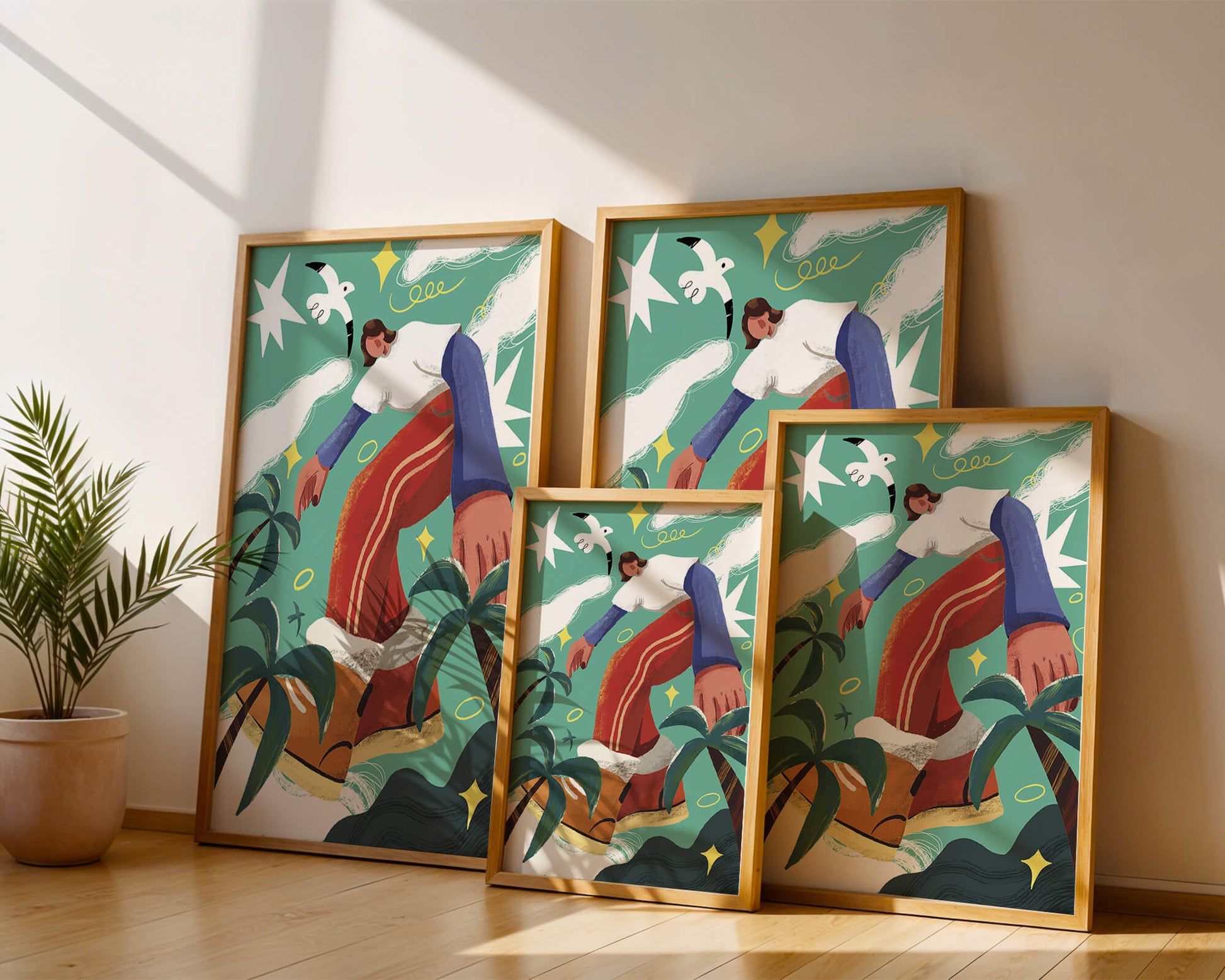 Colorful Abstract Surreal Landscape with Giant Figure and Nature Elements