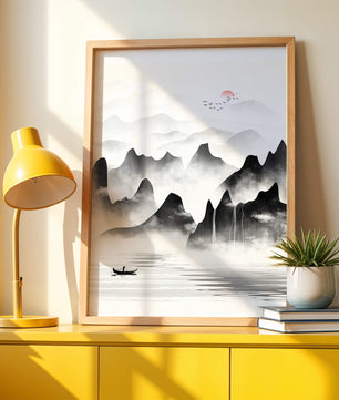 Peaceful mountain landscape with mist and rising sun