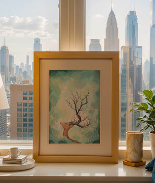 Ciervo surrealista con ramas como cuernos sobre fondo nublado en tonos pastel