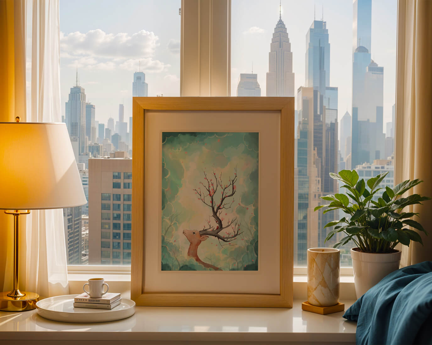 Surreal deer with branches for antlers in a pastel cloudy background