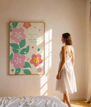Florale Illustration mit Kirschblüten und grünen Blättern